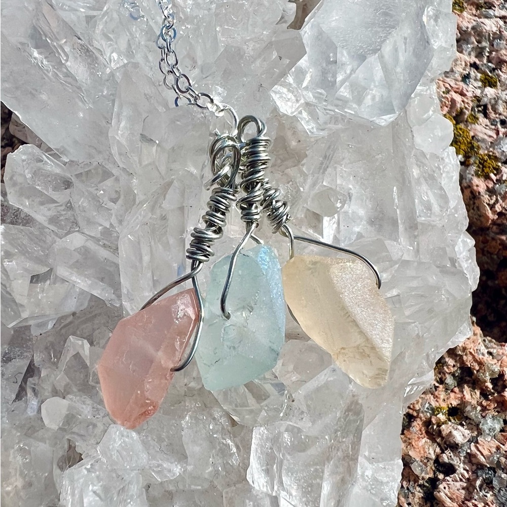 Orange, Green, & Yellow 3 Stone Quartz Crystal Necklace - Picture 6 of 6